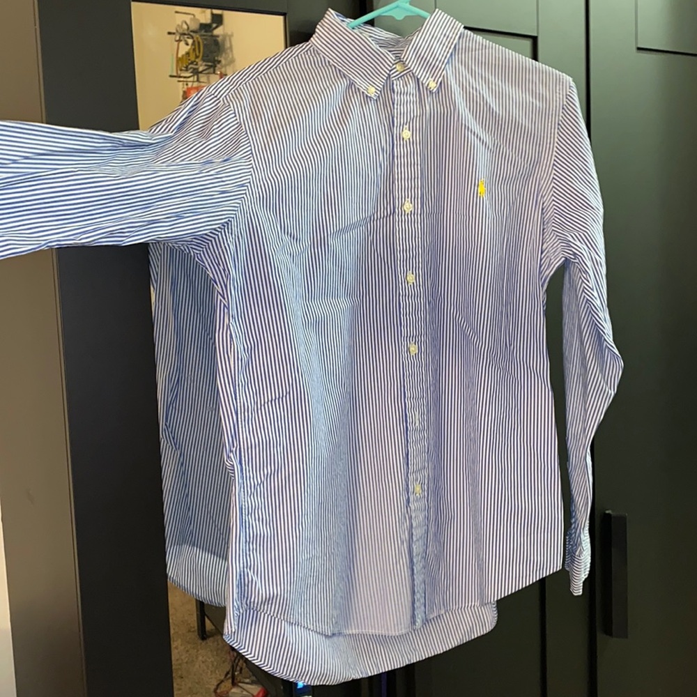 RALPH LAUREN Vertical Stripe Blue and White Button Down Top Embroidered Logo LG